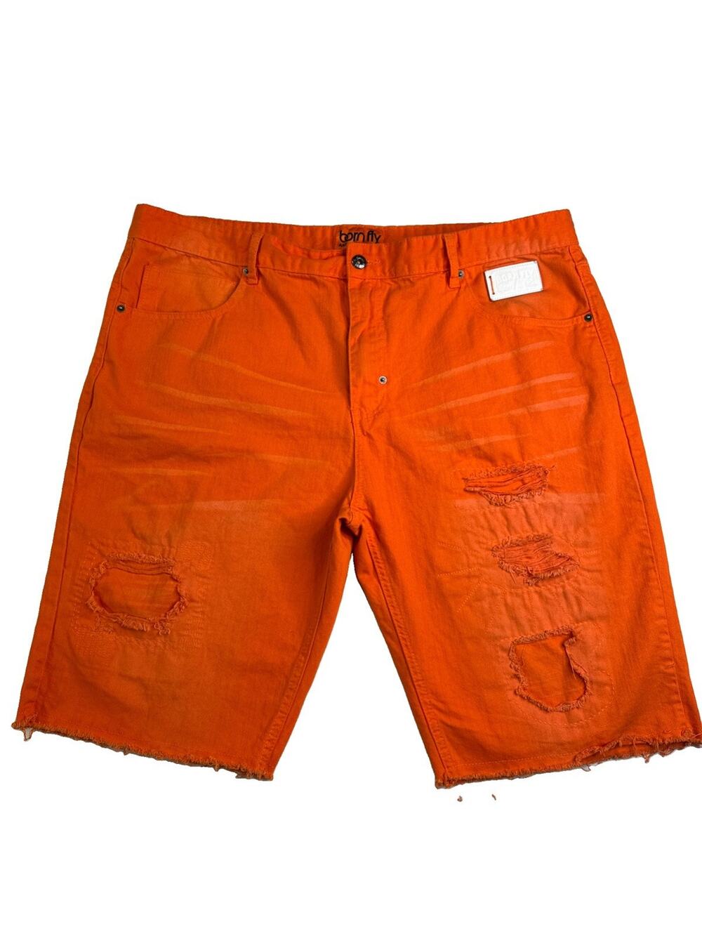 Born Fly Men’s Size 42 Orange Distressed Denim Shorts Y2K Streetwear Hip Hop